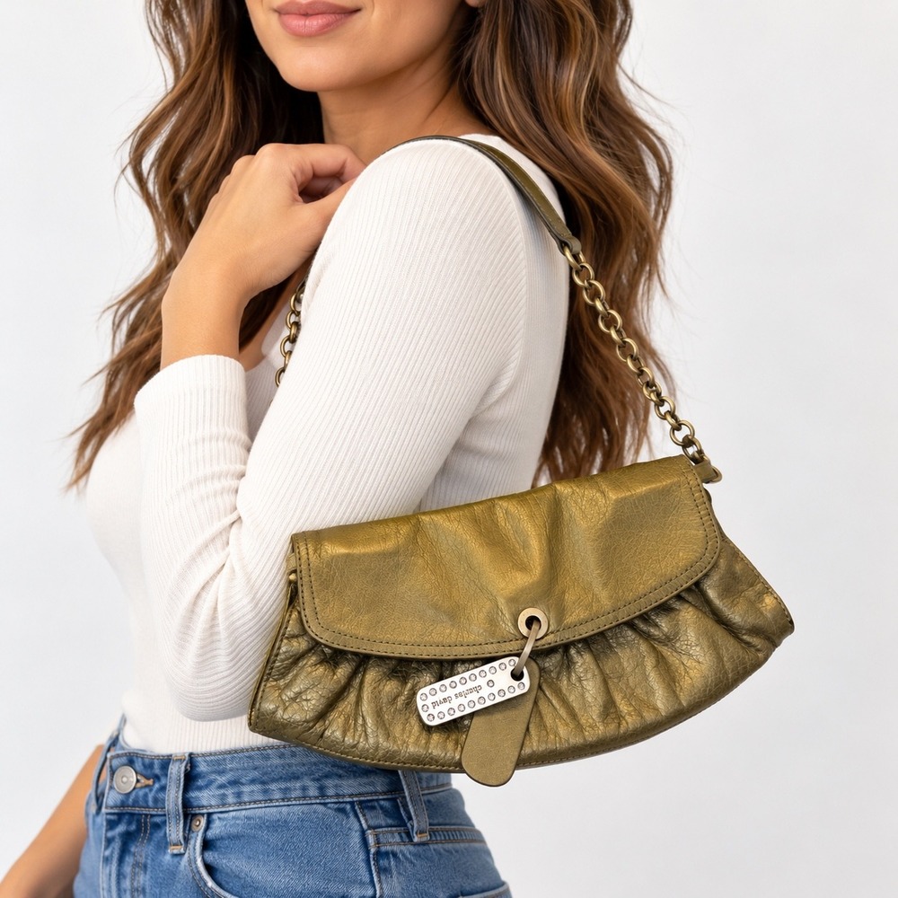 Charles David Metallic Gold Leather Pleated Shoulder Bag Crystal Logo Tag vintag